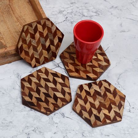Handcrafted Brown Pattern Wooden Coasters - Pack of 4